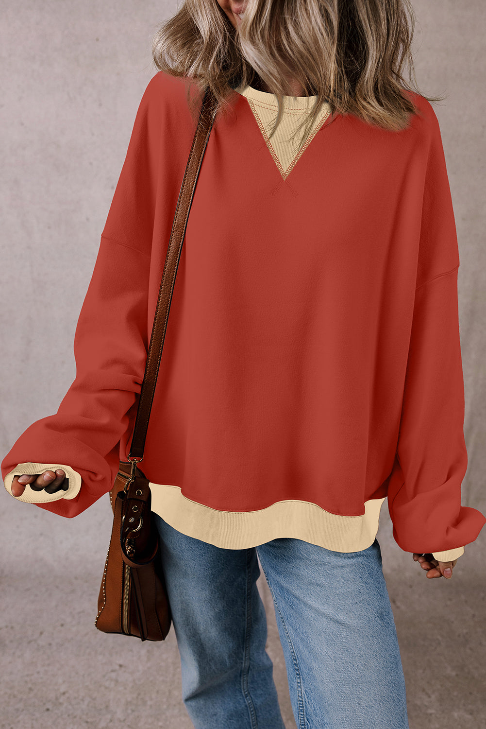 Oversized Sweatshirt Color Block Patch Drop Shoulder