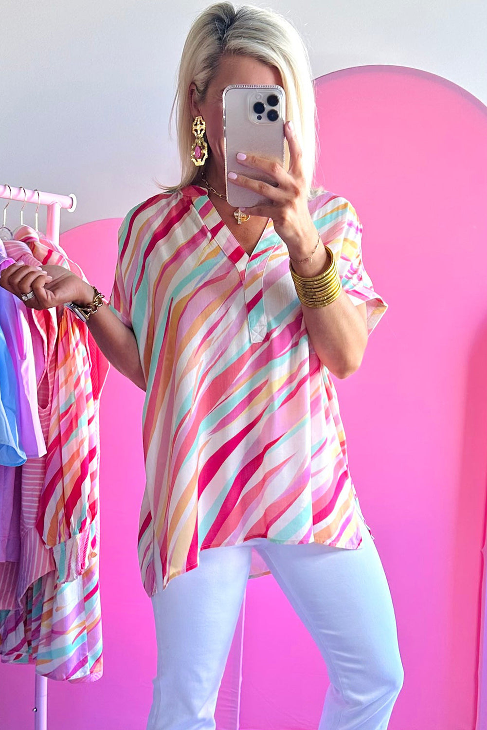 Multicolor Abstract Print High Low Short Sleeve Blouse