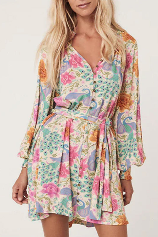 Floral Print Bubble Sleeve Buttoned V Neck Mini Dress