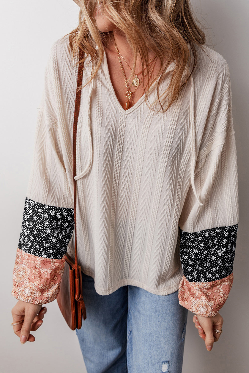 Beige Floral Patchwork Textured Knit Drawstring V Neck Top