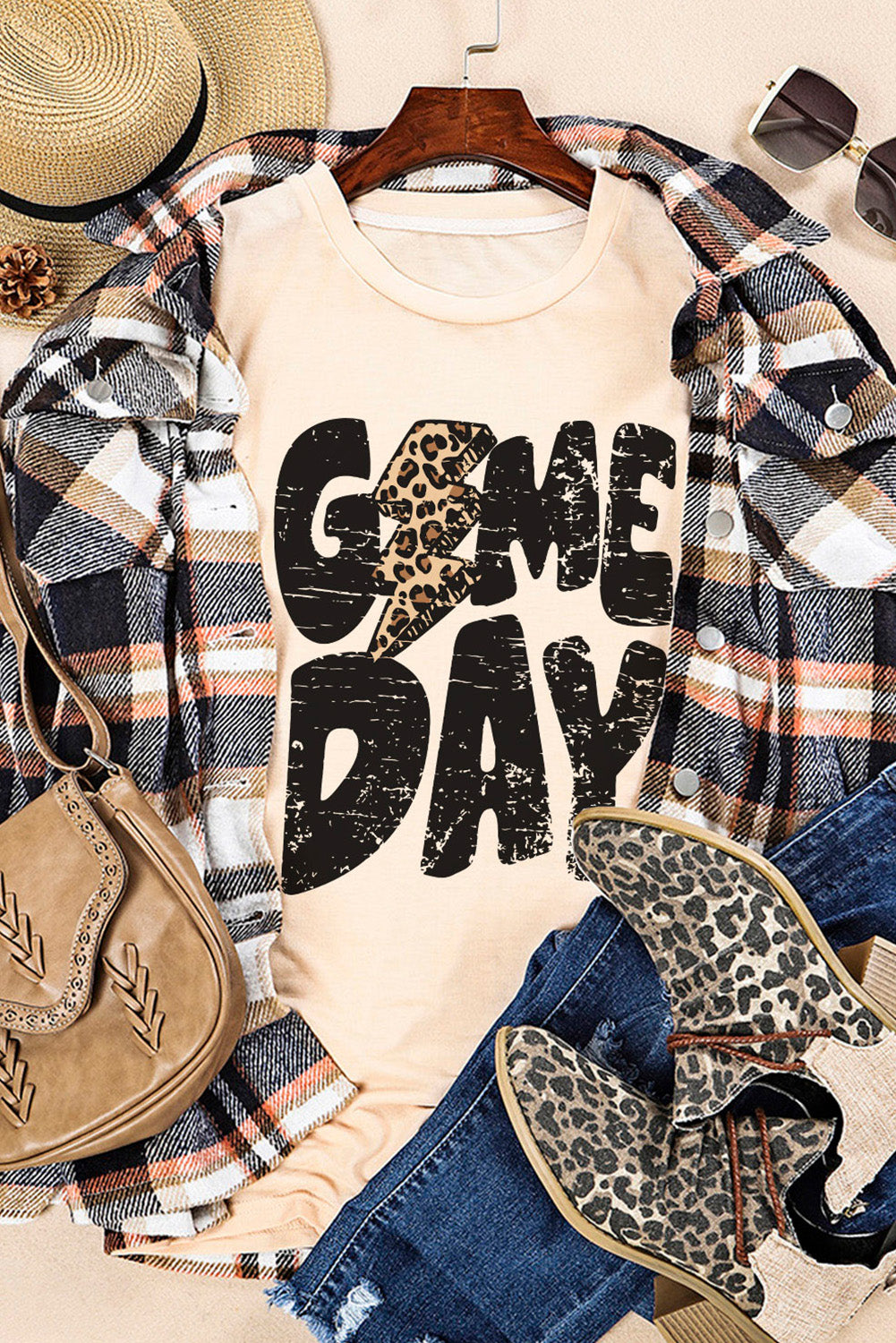 Khaki Game Day Football Leopard Lightning T Shirt