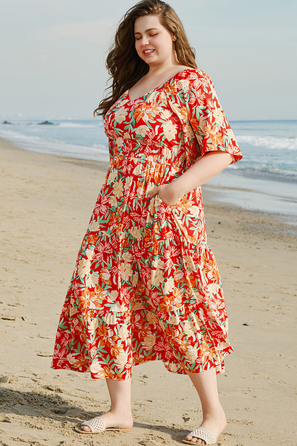 Orange Floral V Neck Flutter Sleeve Dress in CURVY SIZE ONLY