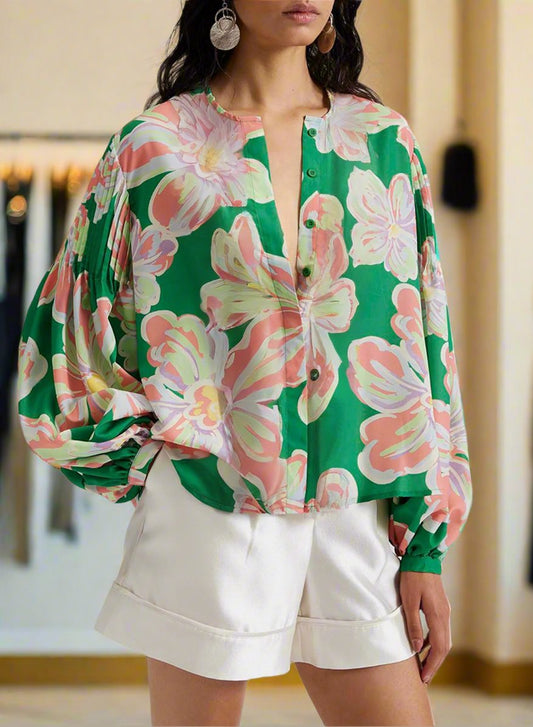 Green Floral Print Button up Pleated Puff Sleeve Loose Shirt