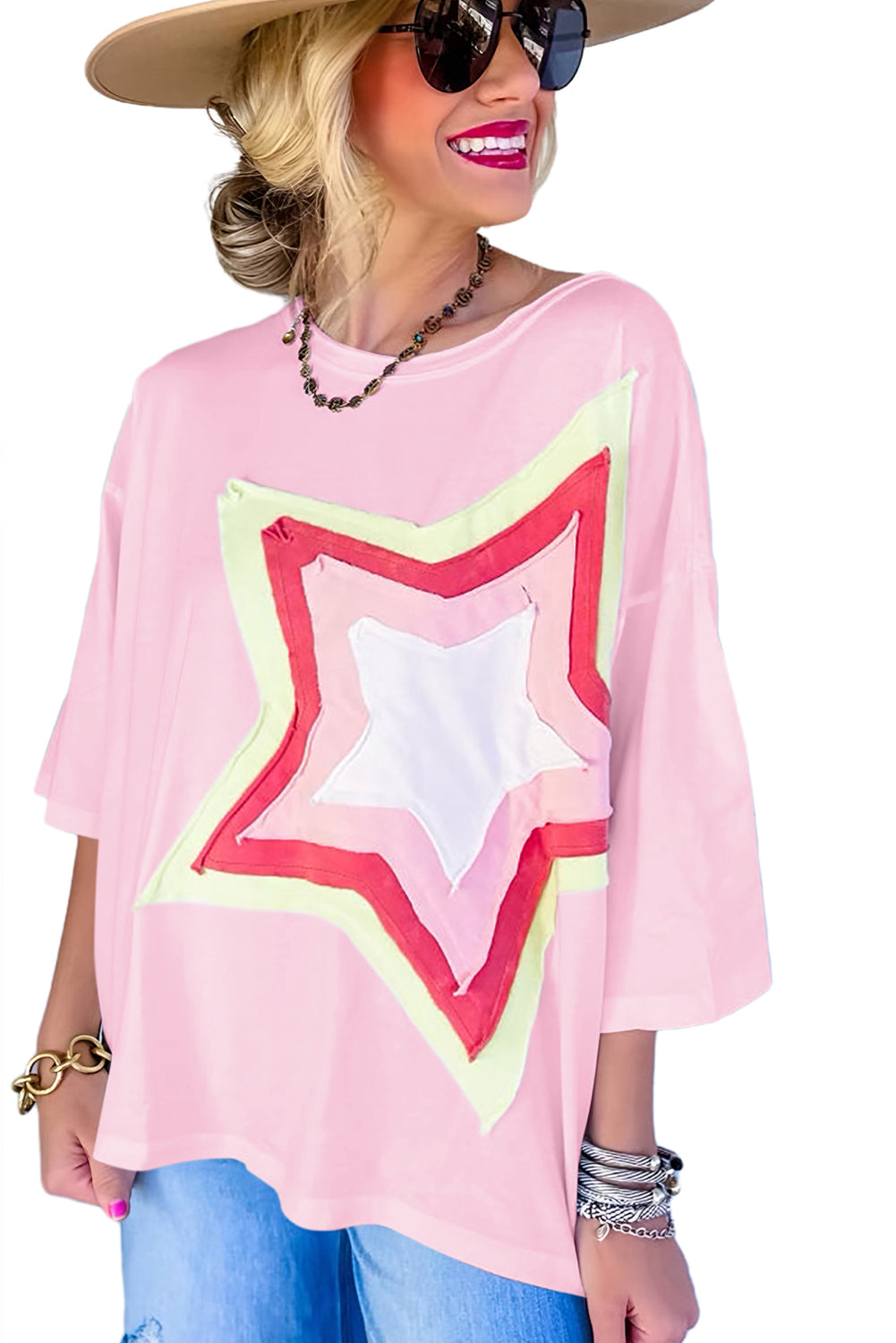 Colorblock Star Patched Half Sleeve Oversized Tee