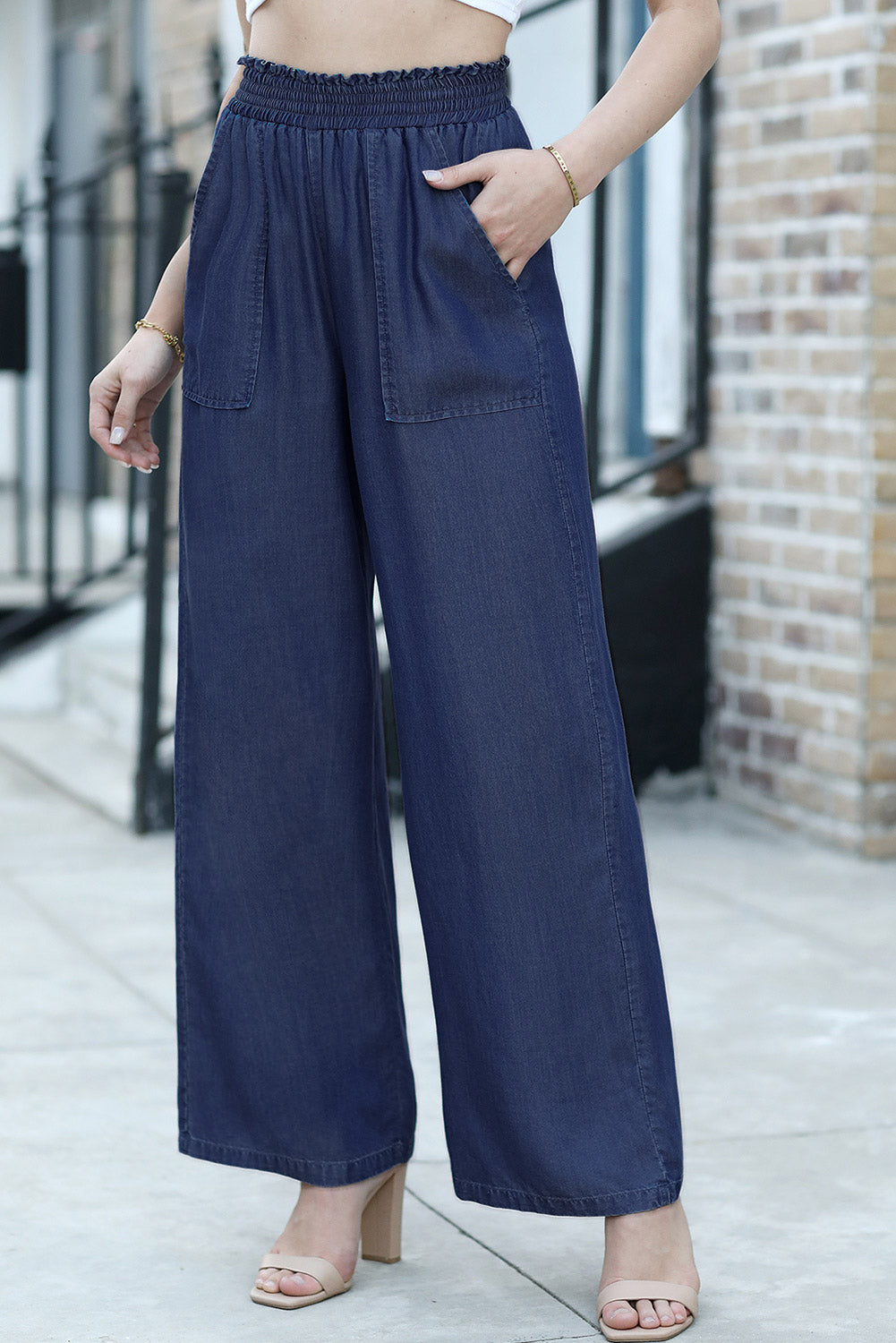 Side Pockets Frilled Smocked High Waist Wide Leg Jeans