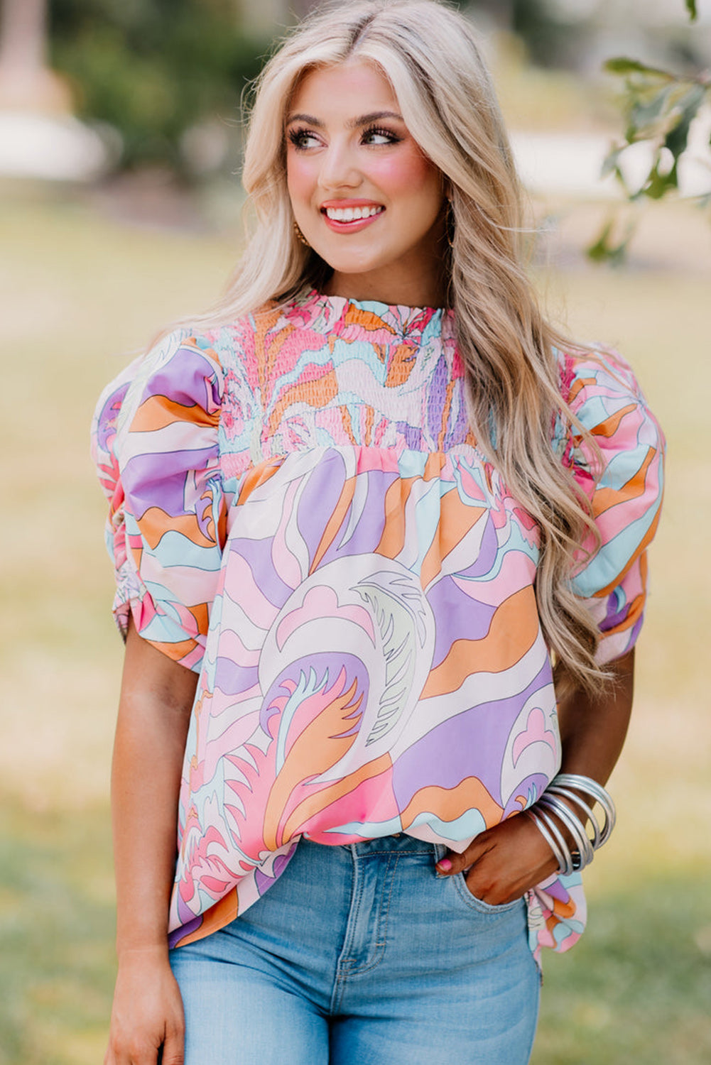 Pink Abstract Blouse with Bubble Sleeve