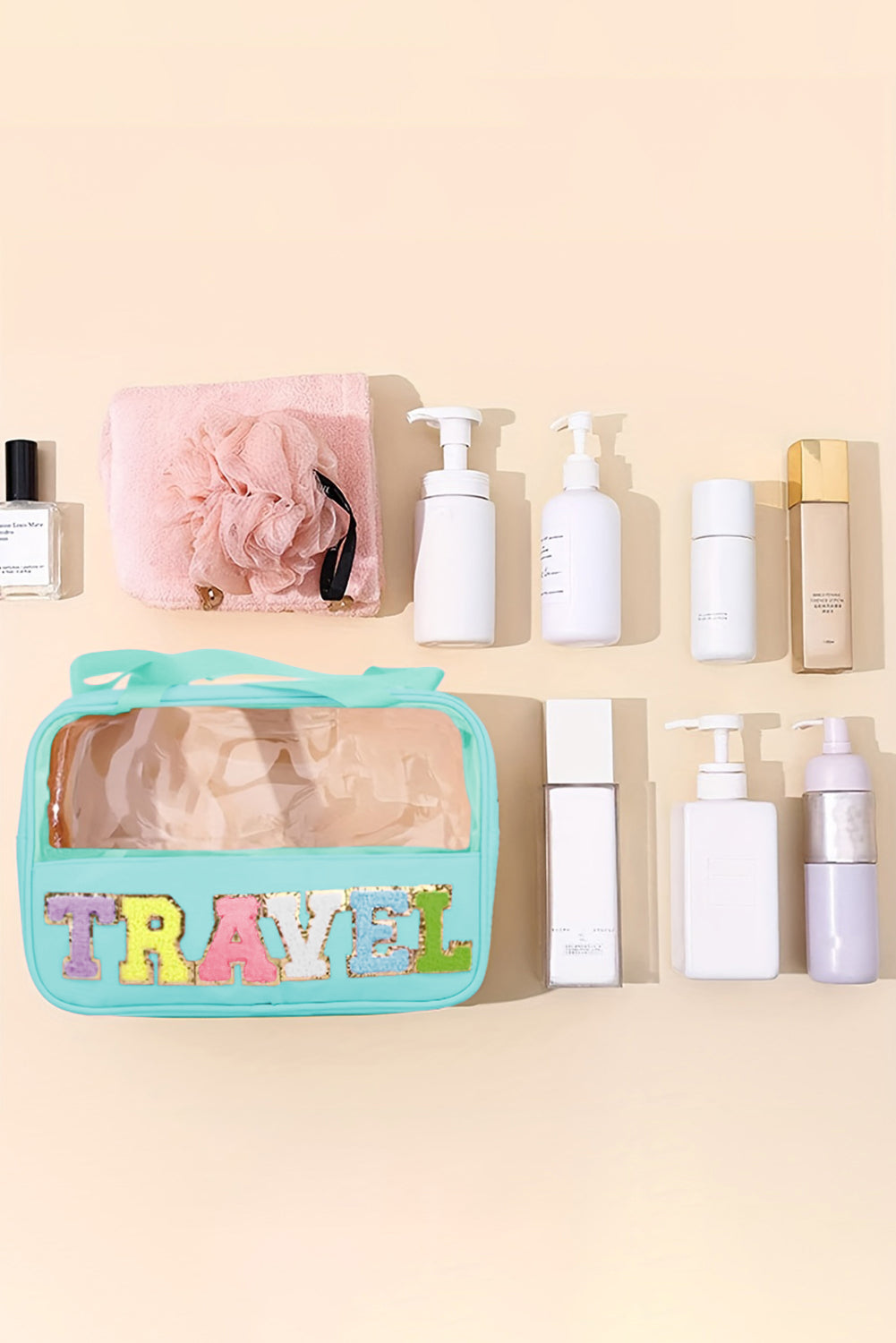 TRAVEL Chenille Letter Clear PVC Makeup Bag