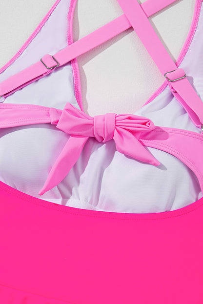 Flared One Piece Swimsuit with Crisscross Straps & Tie in rose