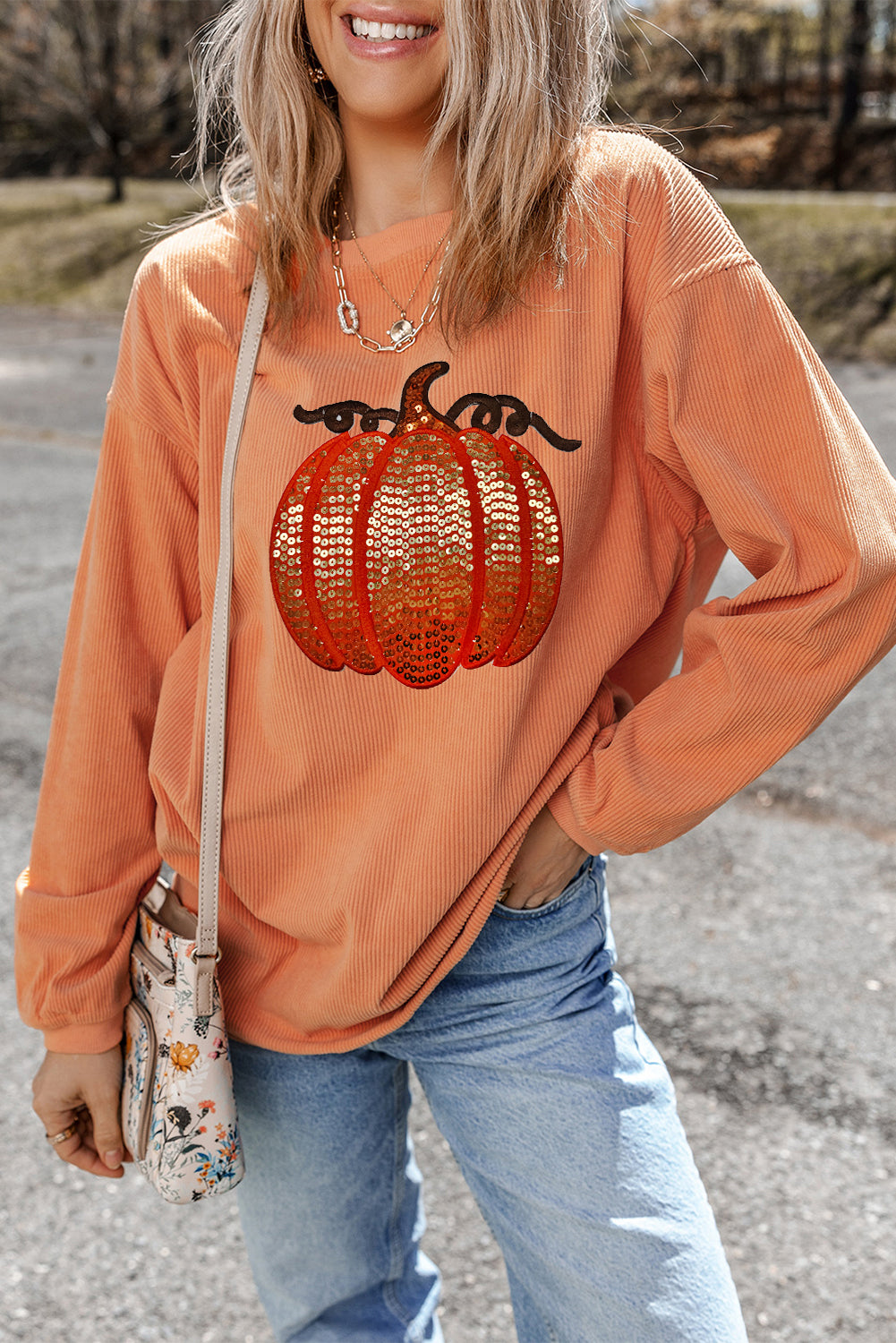 Orange Sequined Pumpkin Halloween Sweatshirt