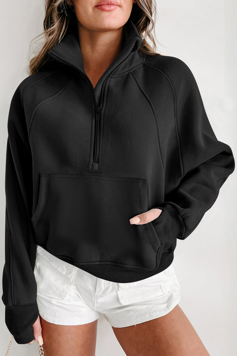 Quarter Zip Stand Neck Kangaroo Pocket Sweatshirt