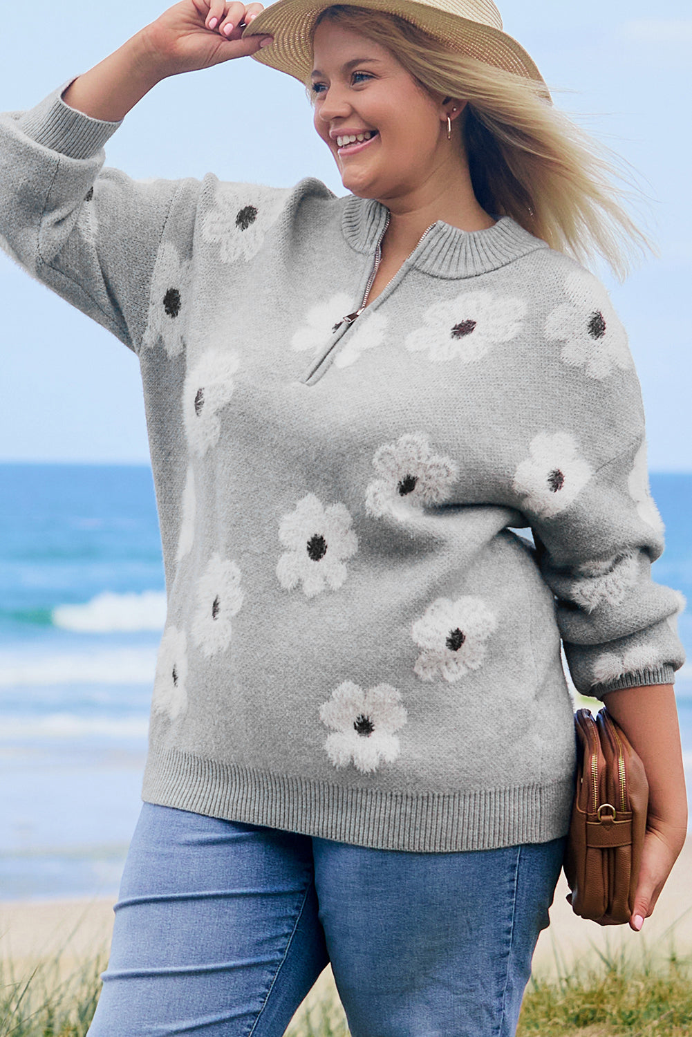 Gray Embroidered Floral Half Zip Sweater in CURVY SIZE ONLY