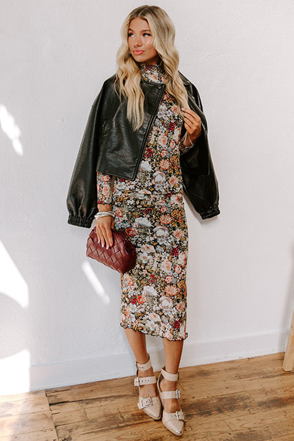 Brown Floral Mock Neck Bodycon Long Sleeve Midi Dress