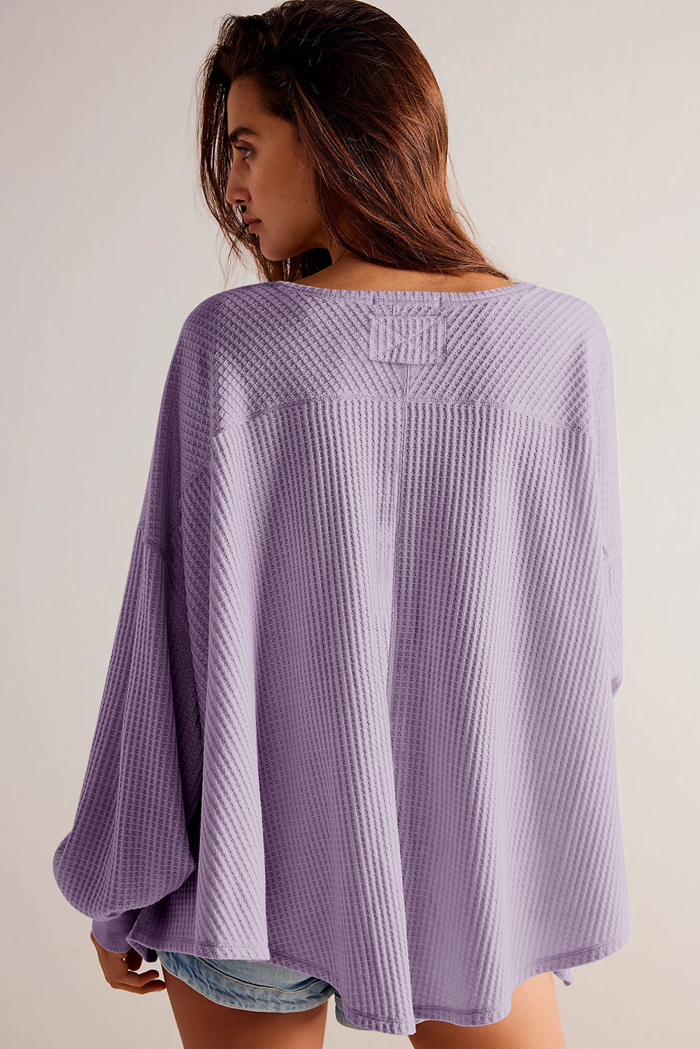 Waffle V Neck Long Sleeve Drop Shoulder Loose Blouse