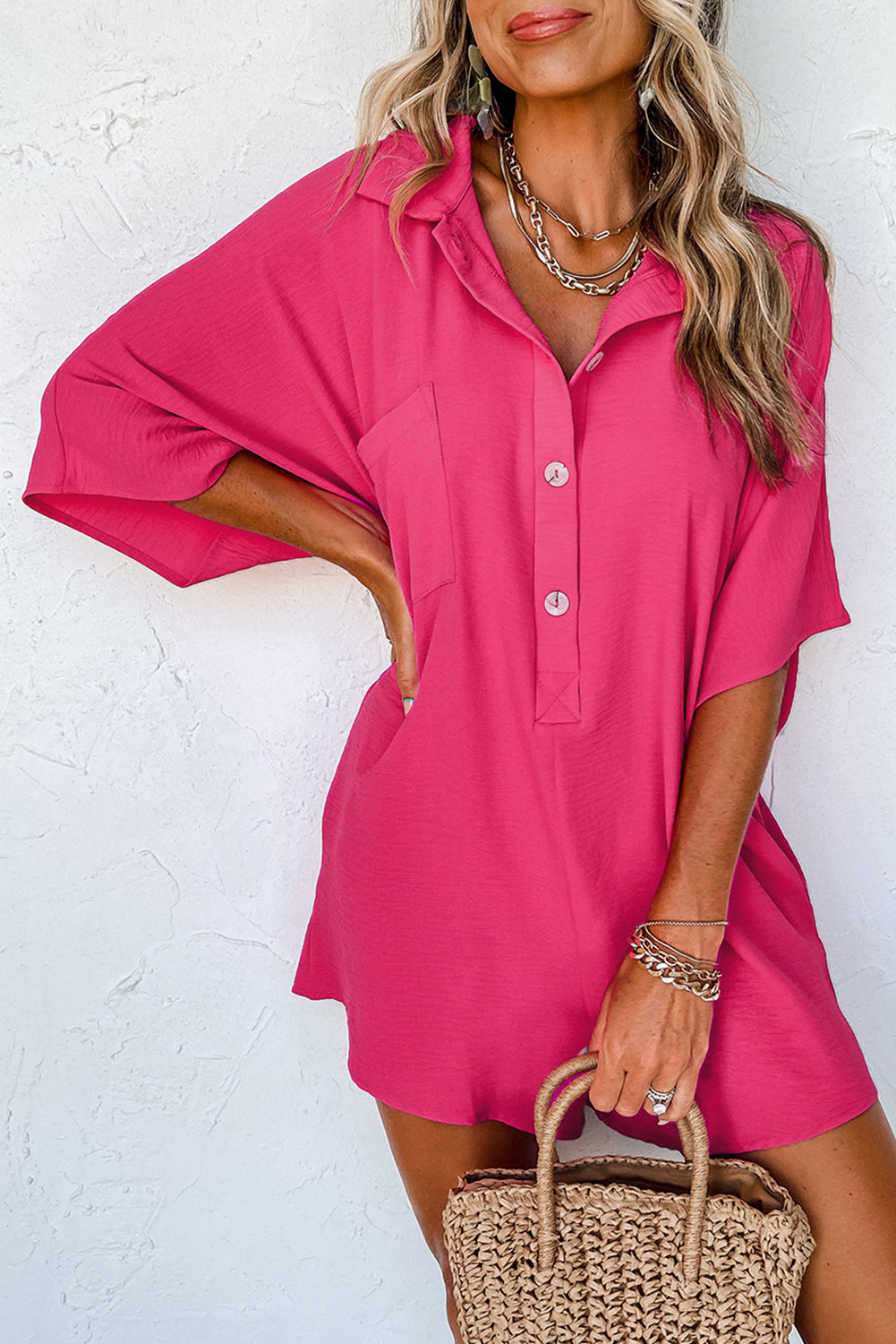 Half Button Collared Loose Romper in bright pink