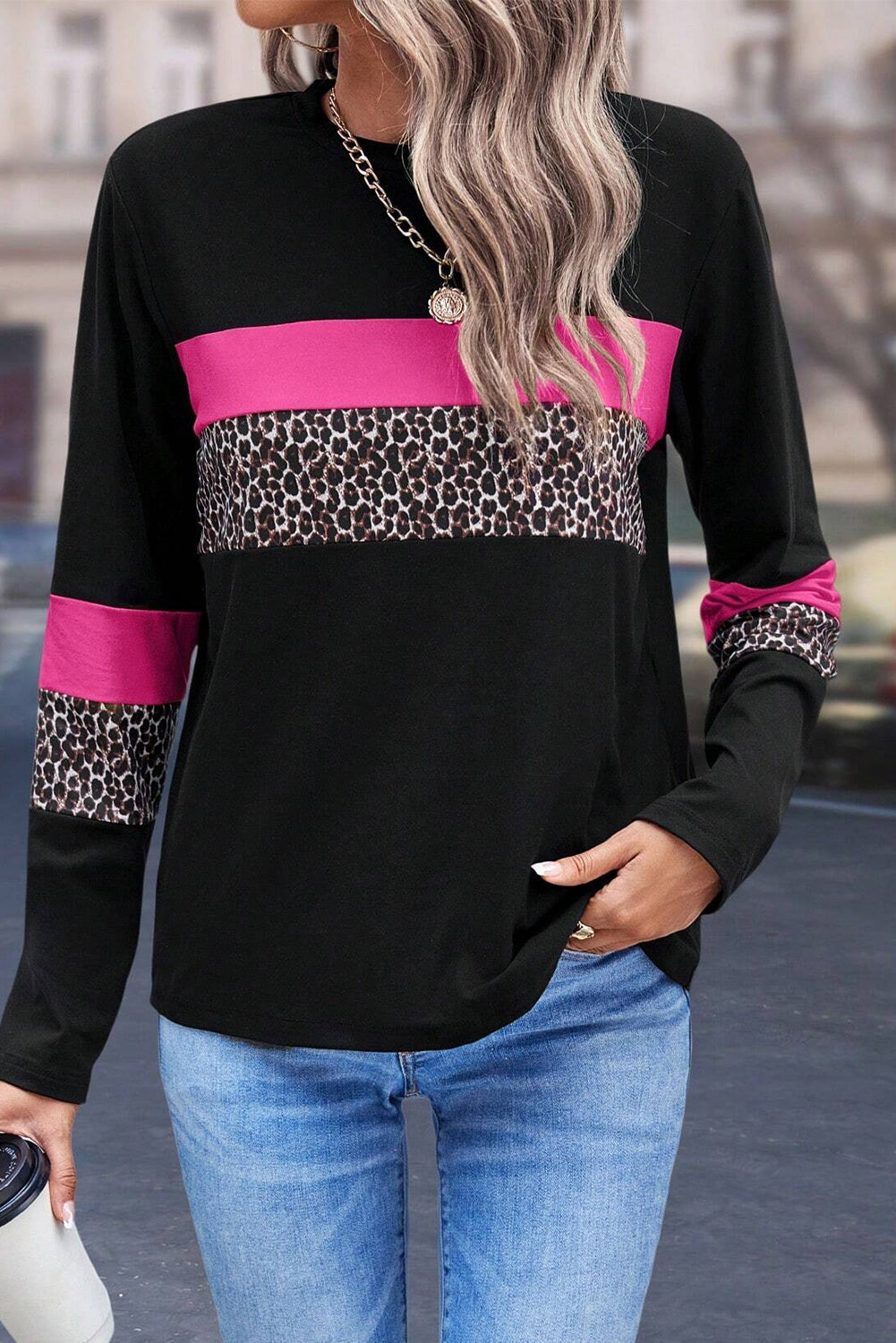 Leopard Color Block Patchwork Long Sleeve Top