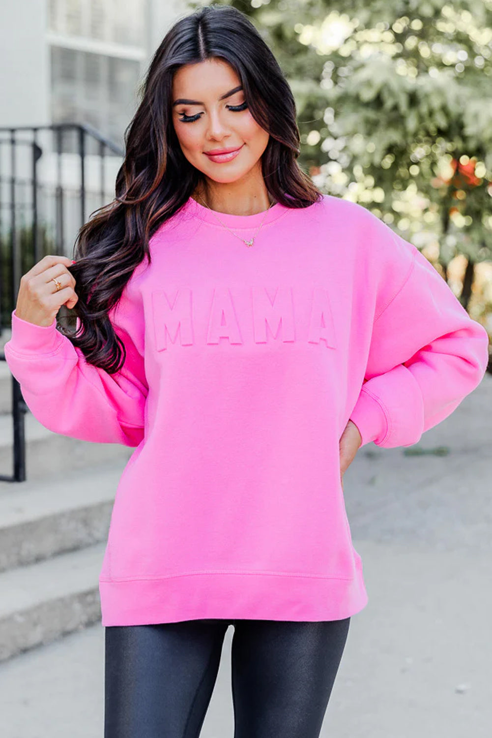 Bright Pink MAMA   Letter Embossed Casual Sweatshirt