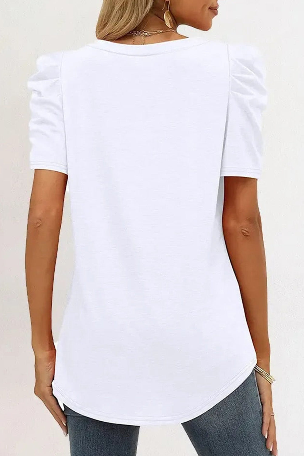 Fiona Puff Sleeve V-Neck T-Shirt in White