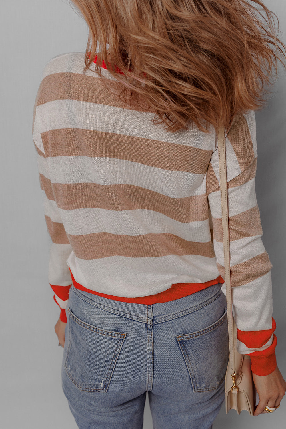 Apricot Striped Round Neck Drop Shoulder Sweater