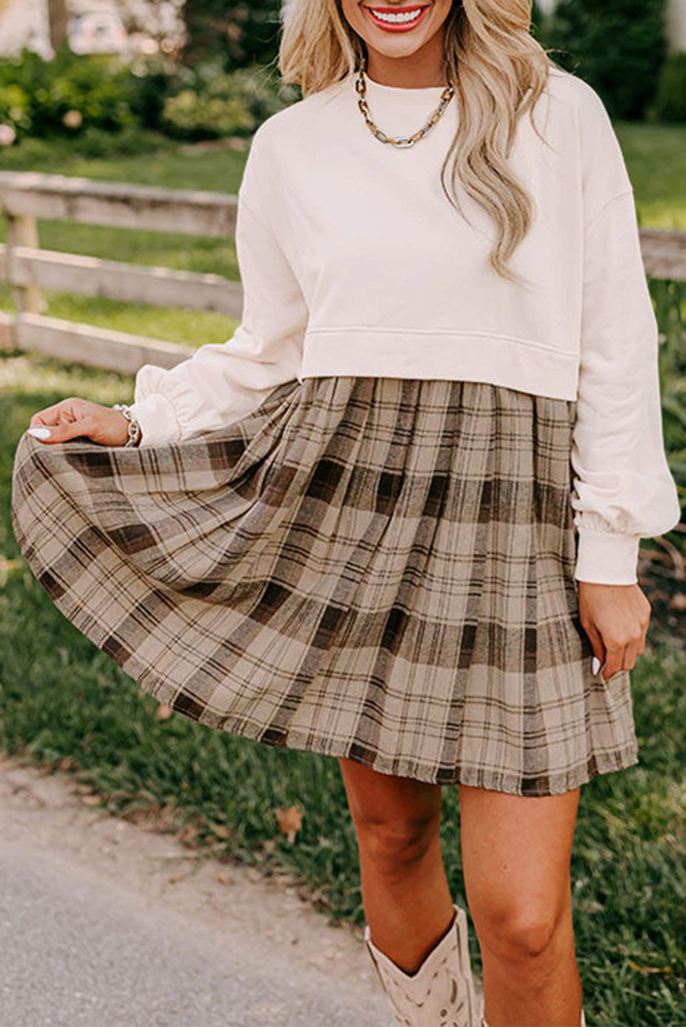 Plaid Patchwork High Waist Sweatshirt Mini Dress