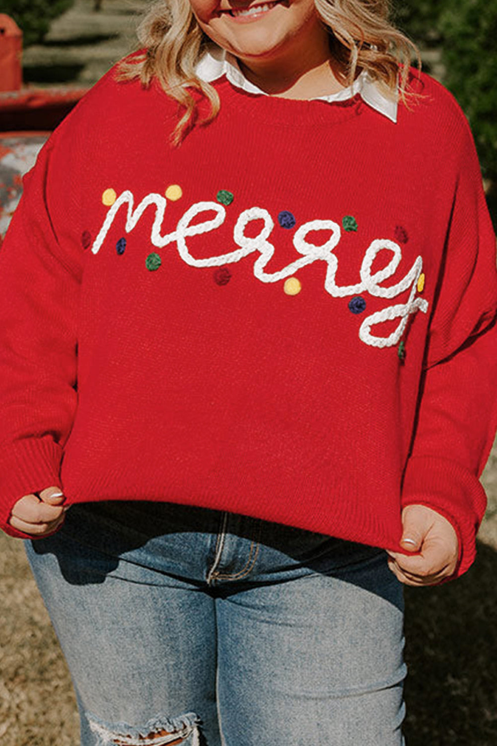 Fiery Red Merry Graphic Christmas Sweater in CURVY SIZE ONLY