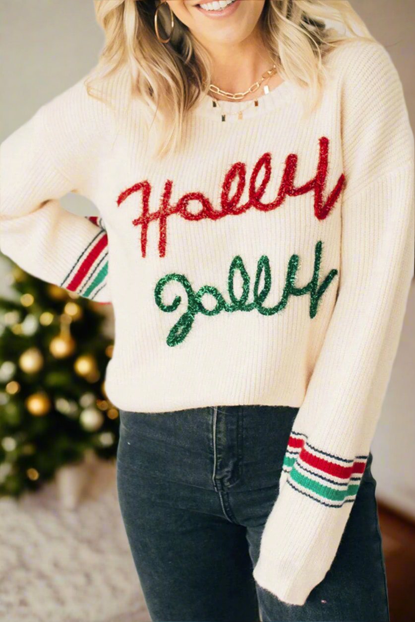 Beige Tinsel Holly Jolly Graphic Classic Sweater