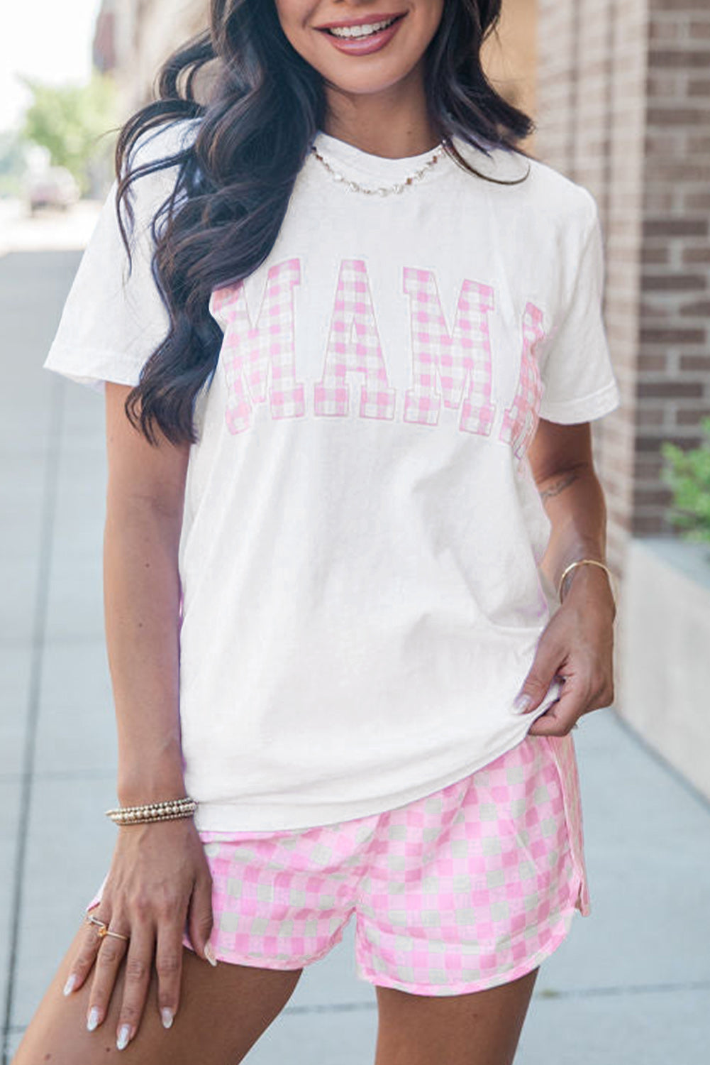 White MAMA Printed Tee and Plaid Shorts Lounge Set