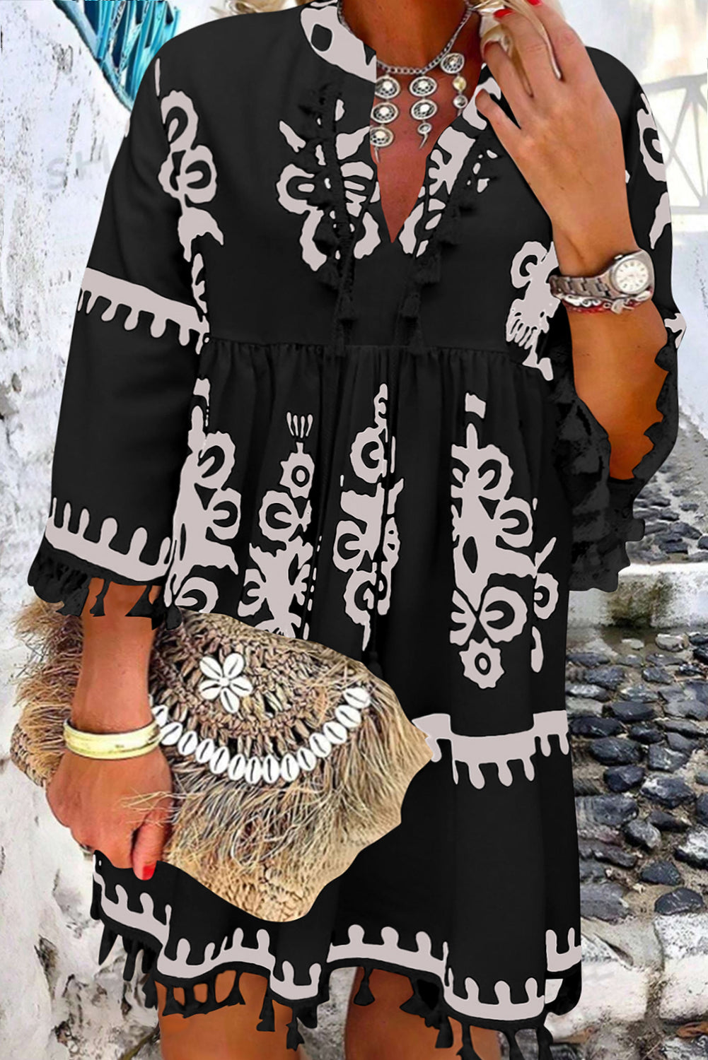 Black Western Floral Print Fringed V Neck Dress in CURVY SIZE ONLY