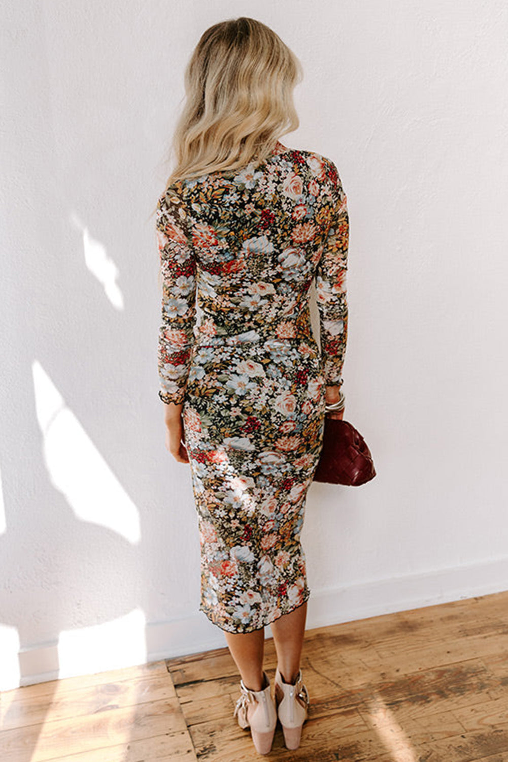 Brown Floral Mock Neck Bodycon Long Sleeve Midi Dress