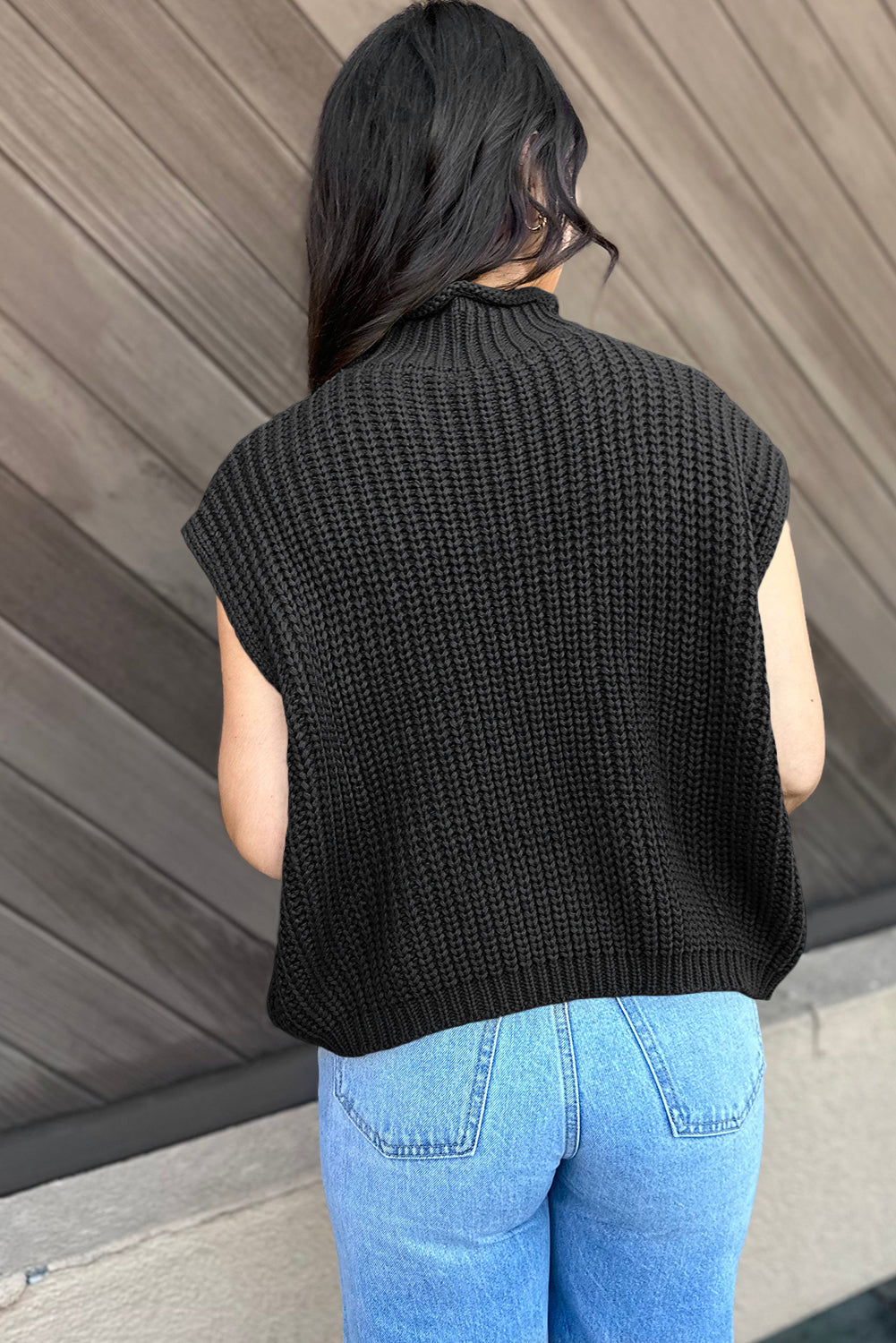 Black Cable Knit High Neck Sweater Vest