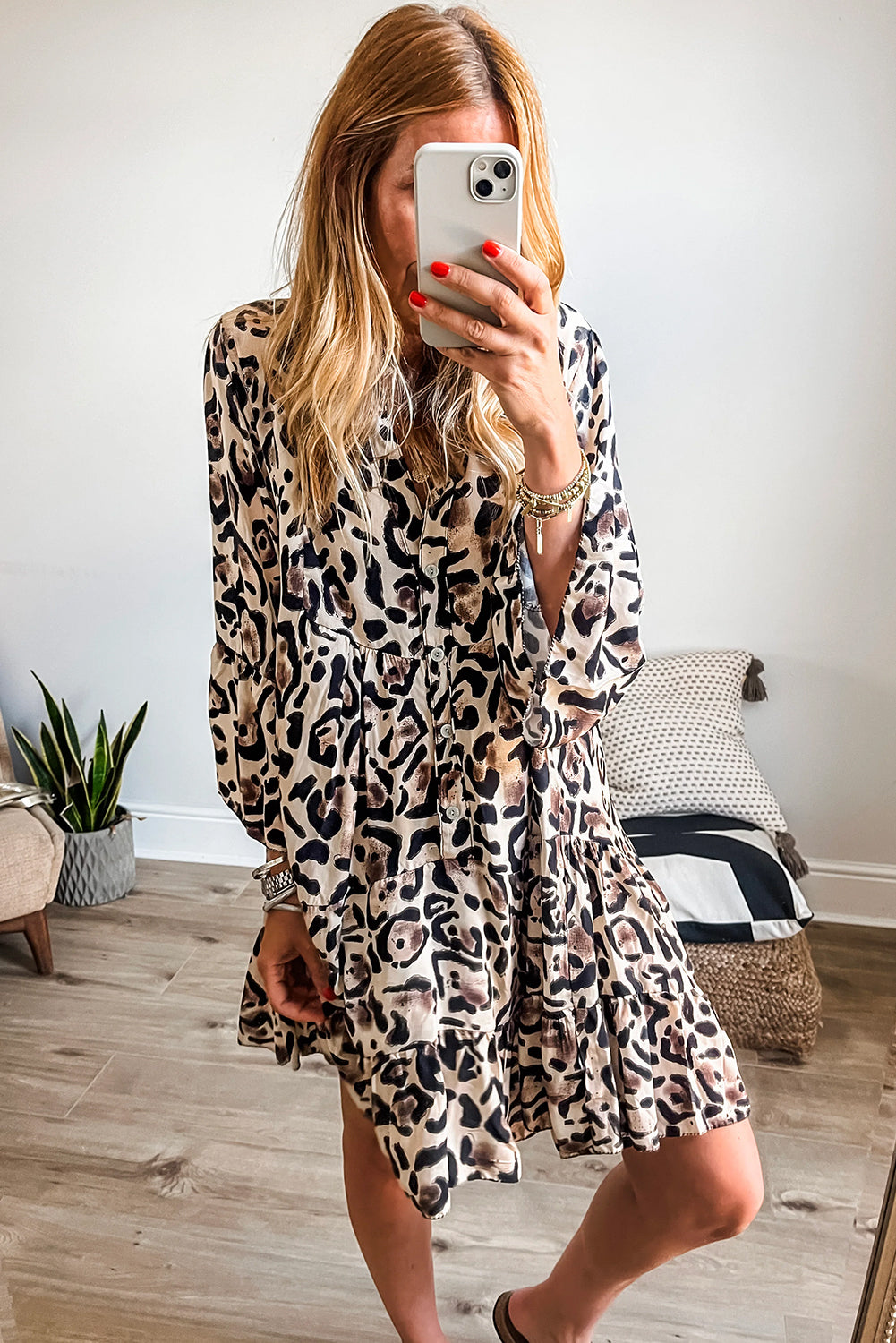 Black Leopard Print 3/4 Sleeve Tiered Ruffled Hem Dress