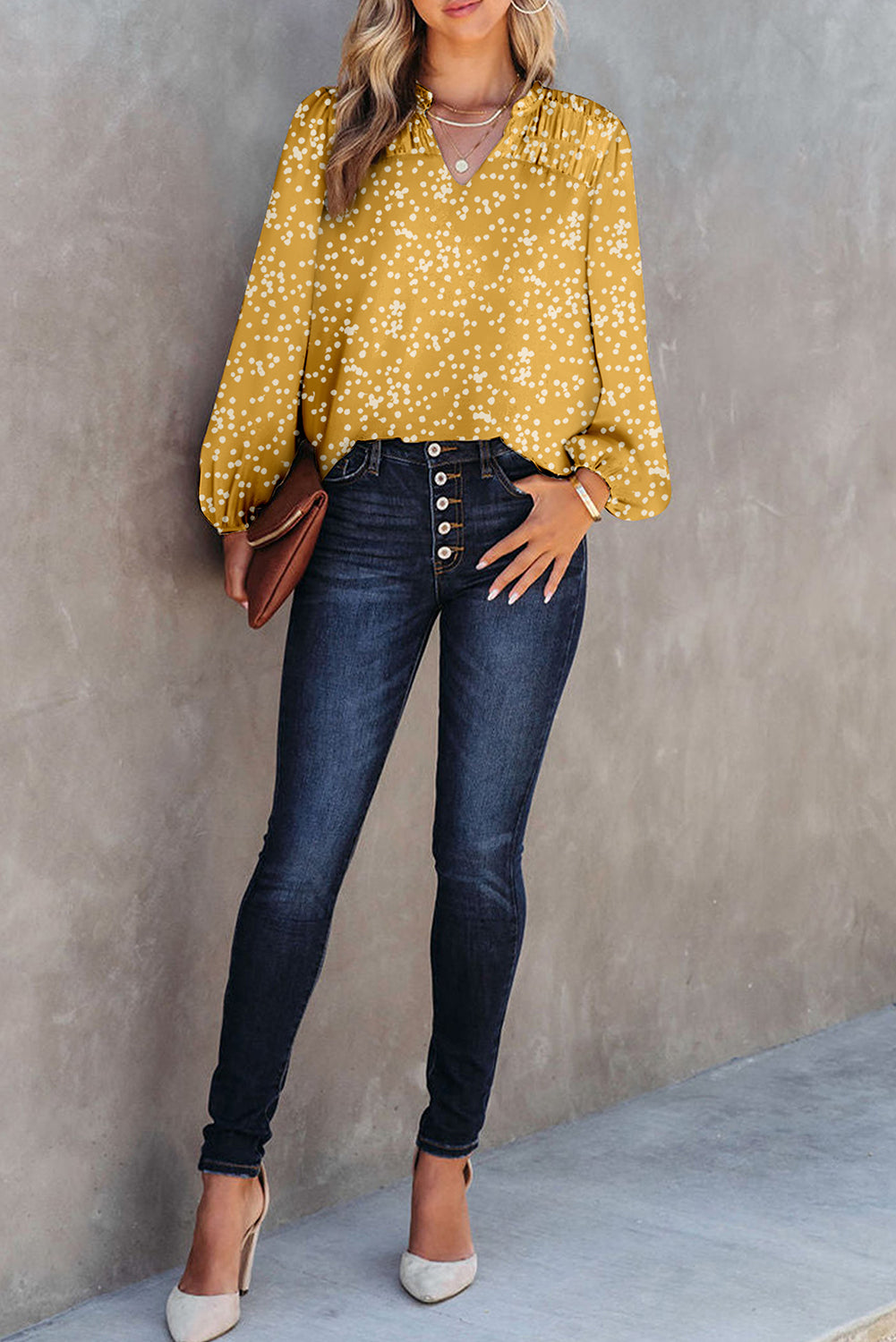 V-Neck Printed Crinkled Long Sleeve Blouse