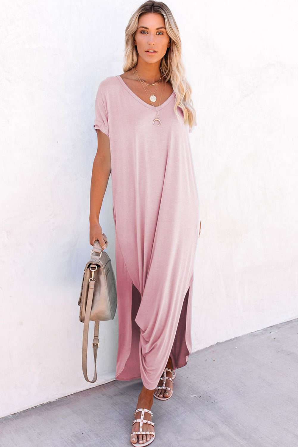 V Neck Maxi Dress with  Hidden Pockets in pink