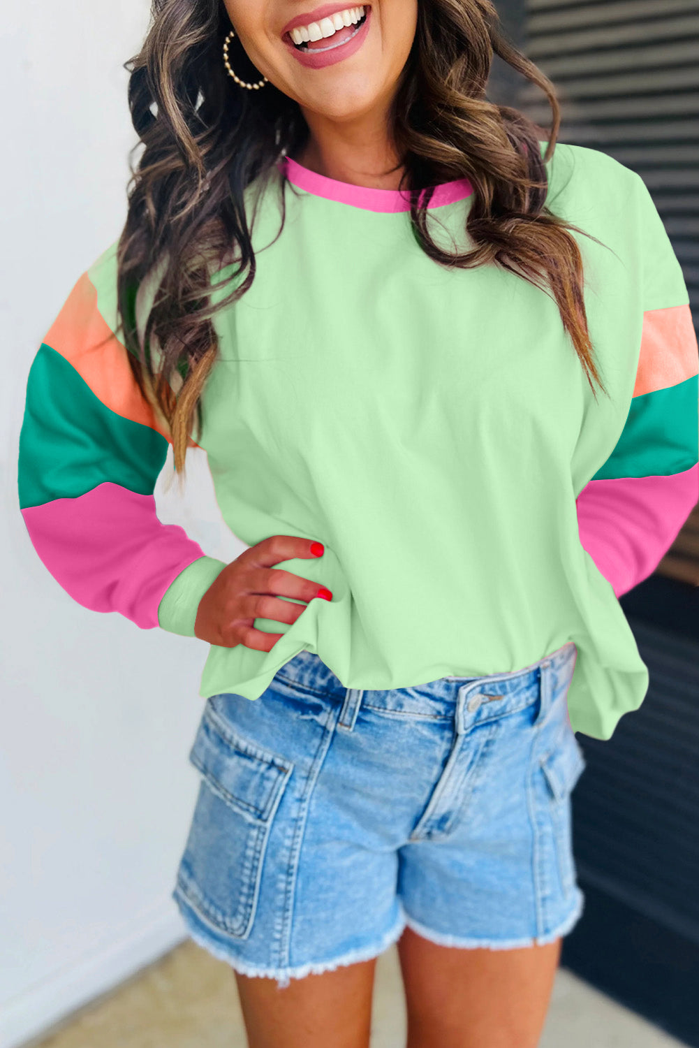 Color Block Patchwork Long Sleeve Loose Top