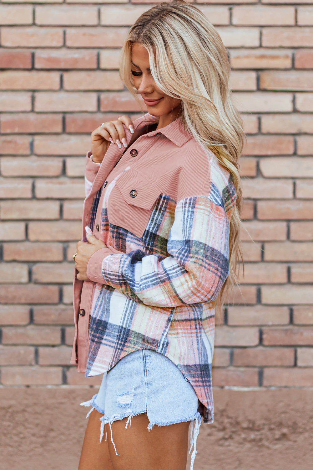 pink Plaid Corduroy Patchwork Chest Pocket Shacket