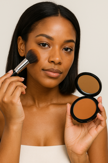 Woman applying makeup with a brush and compact powder on a neutral background