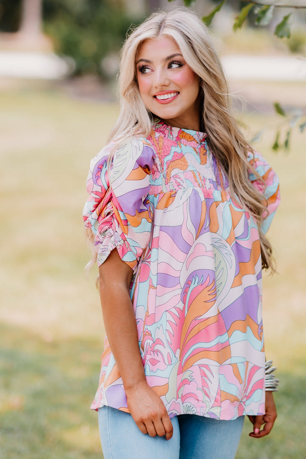 Pink Abstract Blouse with Bubble Sleeve