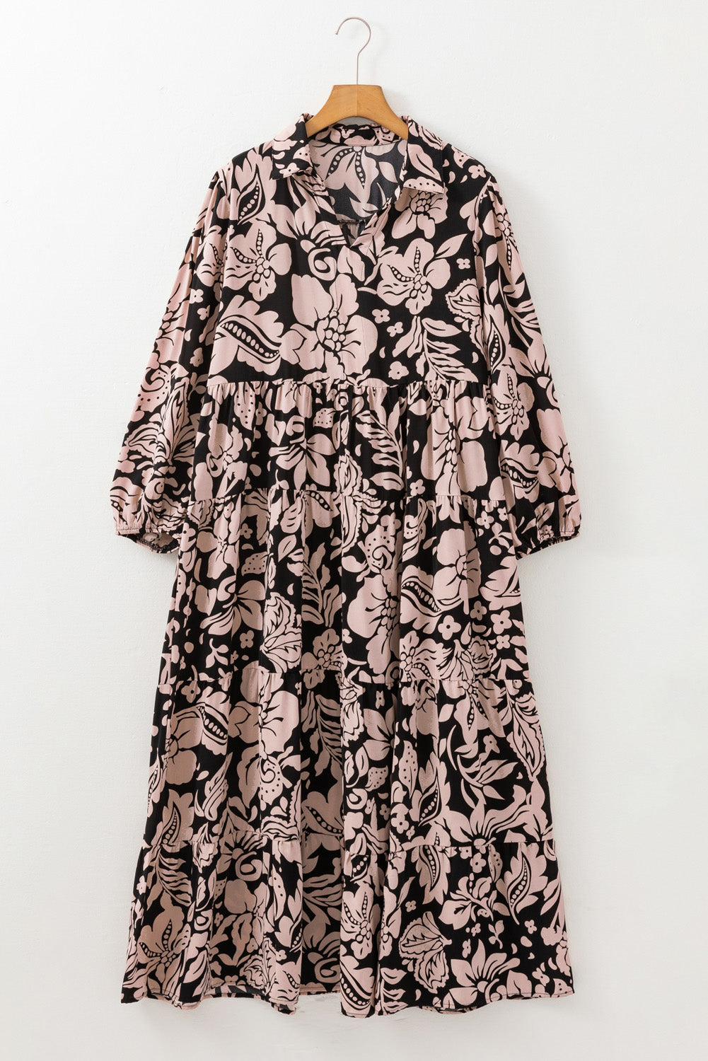 Black Floral Printed Puff Sleeve Collared Maxi Dress in CURVY SIZE ONLY