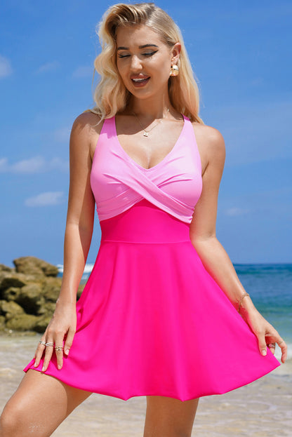 Flared One Piece Swimsuit with Crisscross Straps & Tie in rose