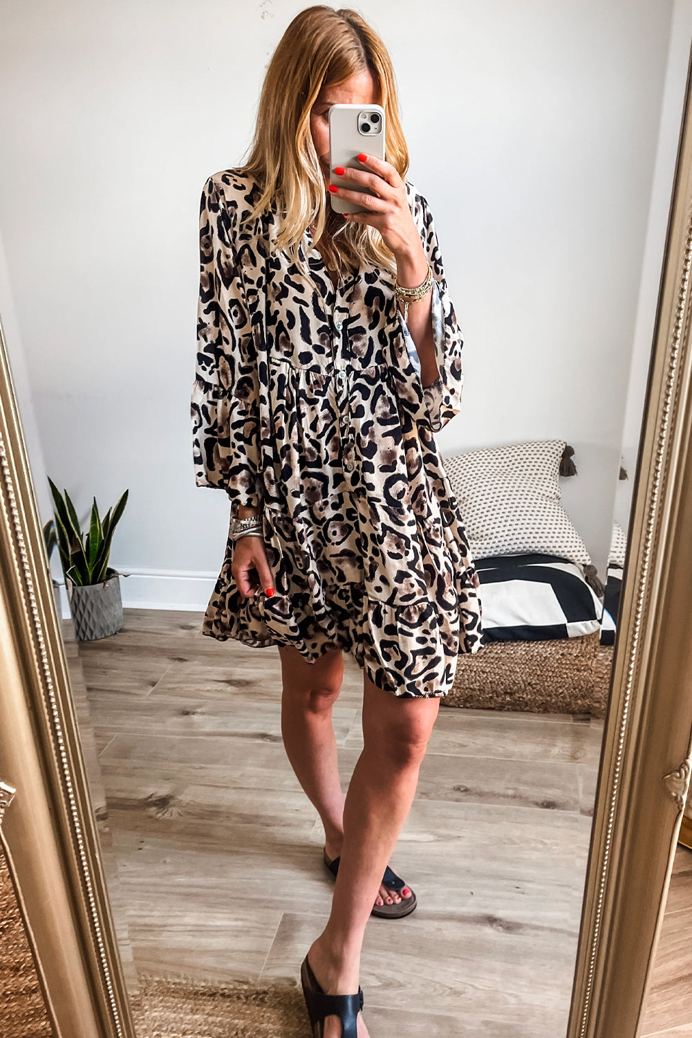 Black Leopard Print 3/4 Sleeve Tiered Ruffled Hem Dress