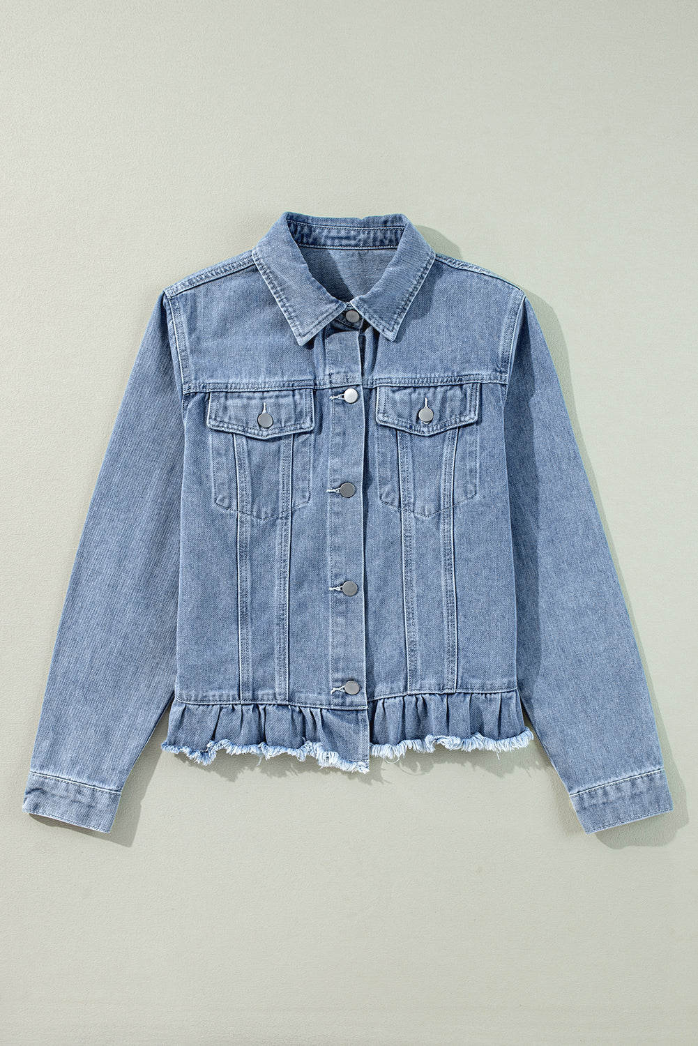 Ruffle Raw Hem Flap Pockets Denim Jacket