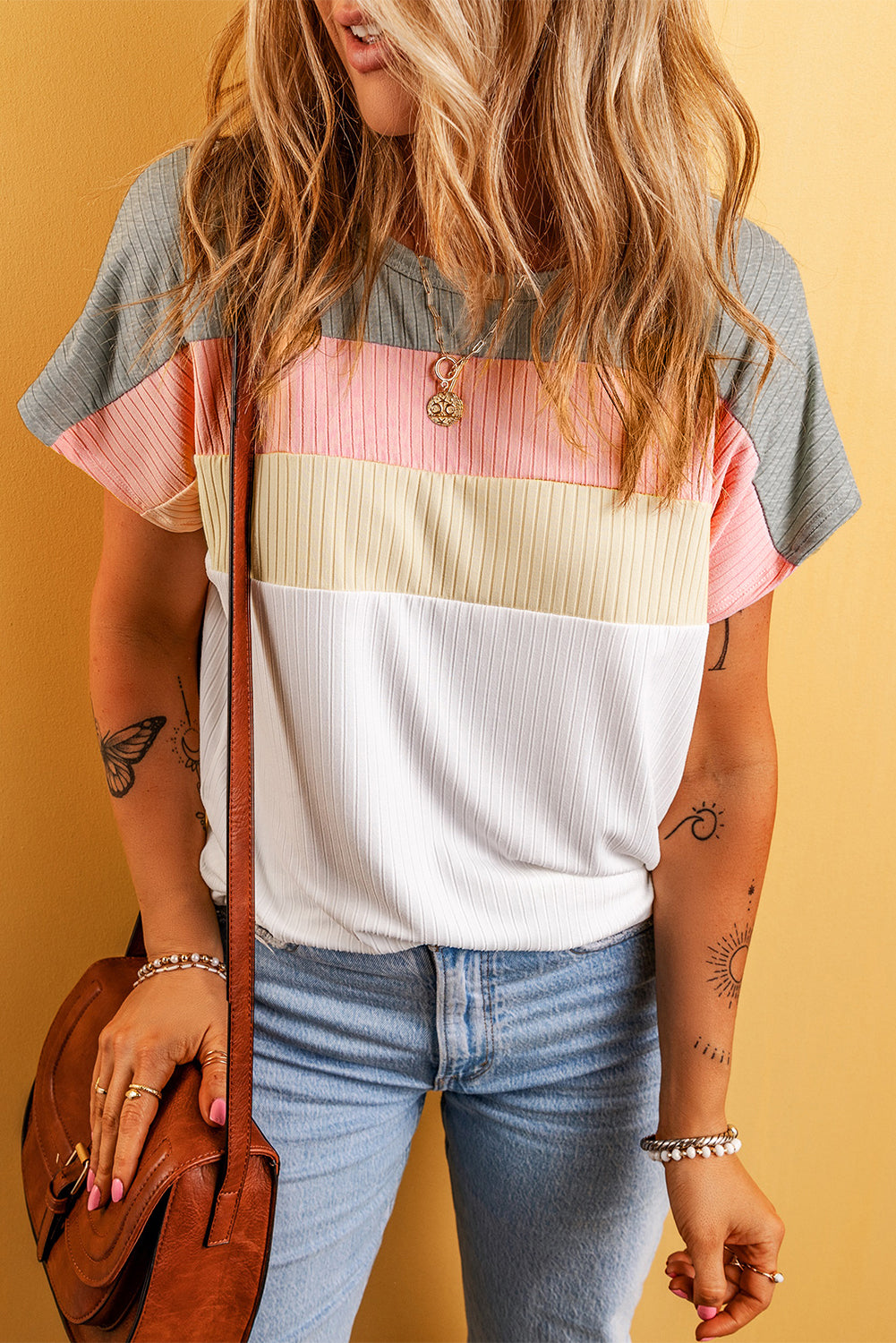 Moonlight Jade Ribbed Color Block Patchwork T-shirt