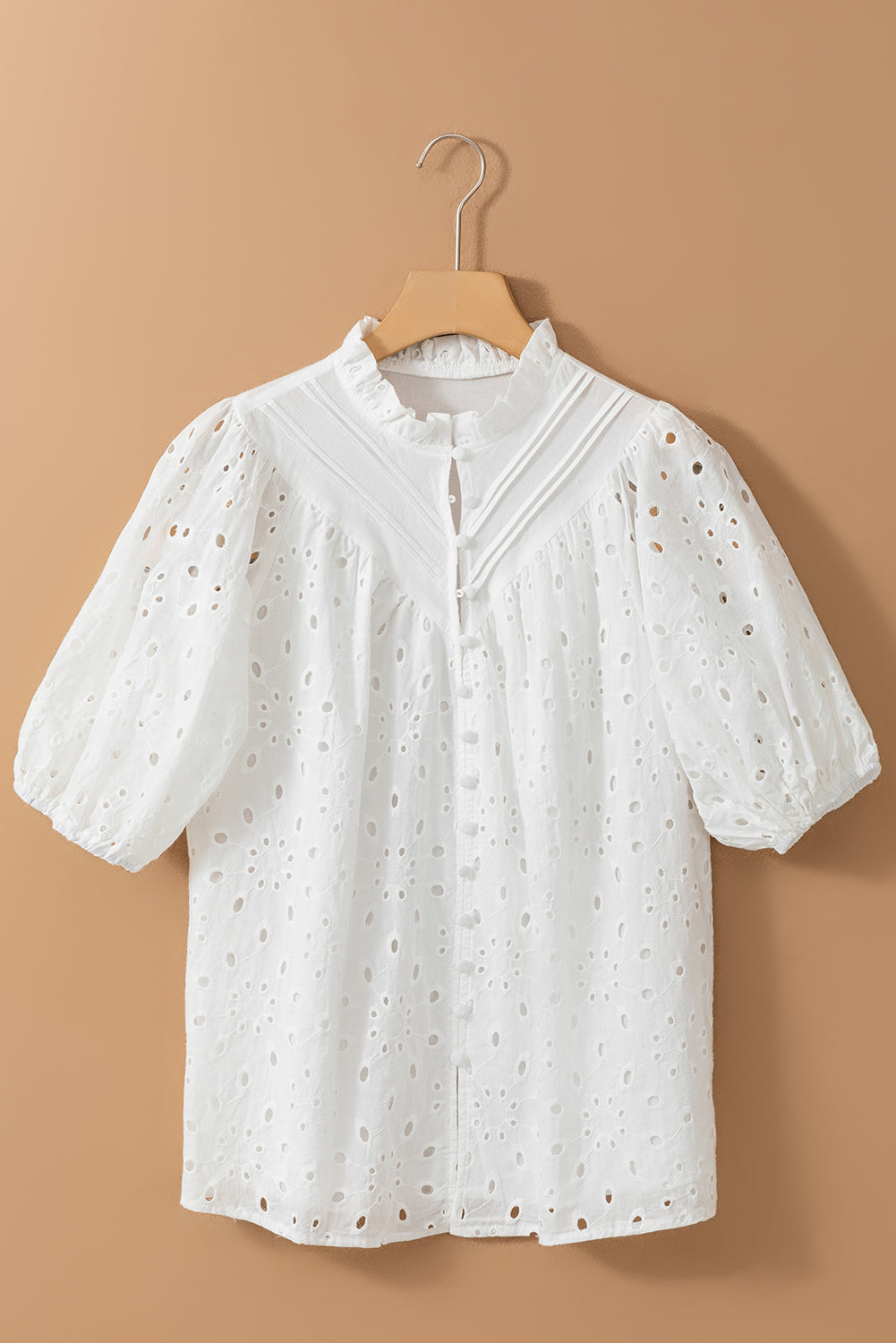 Flower Embroidered Hollow-out Puff Sleeve Blouse