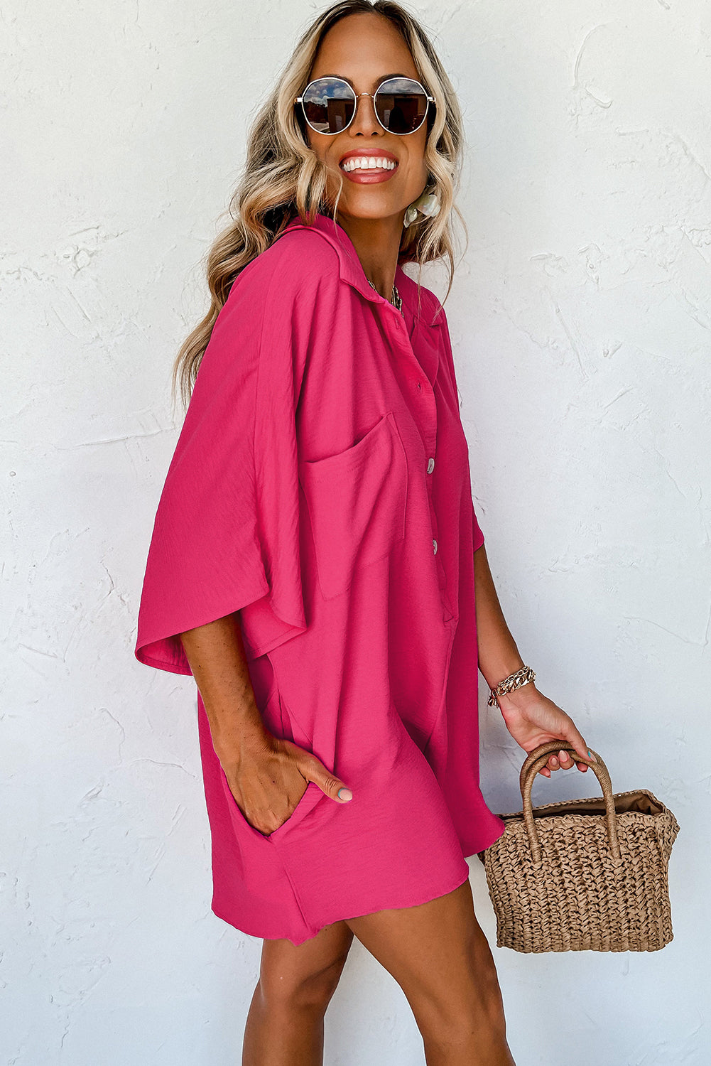 Half Button Collared Loose Romper in bright pink