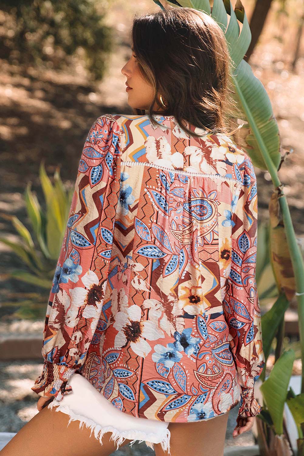 Orange Floral Print Shirred Cuff Buttoned Loose Shirt