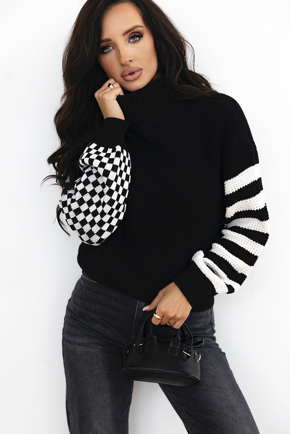 Striped Plaid Patchwork Waffle Knit Turtleneck Sweater