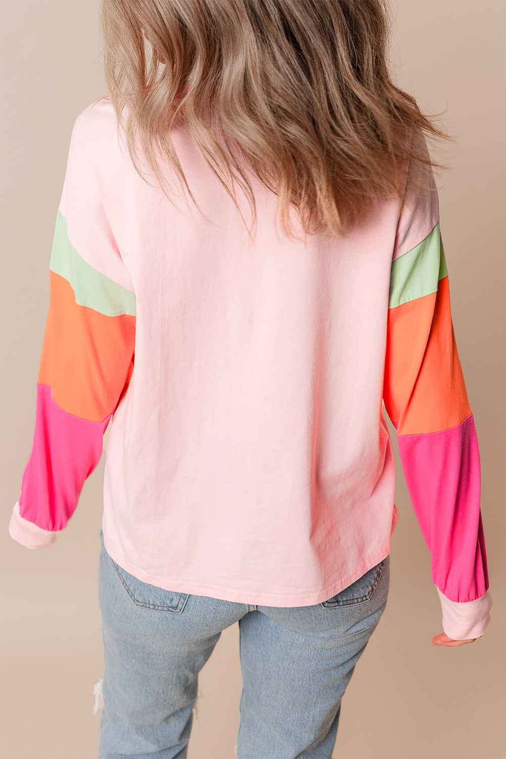 Color Block Patchwork Long Sleeve Loose Top