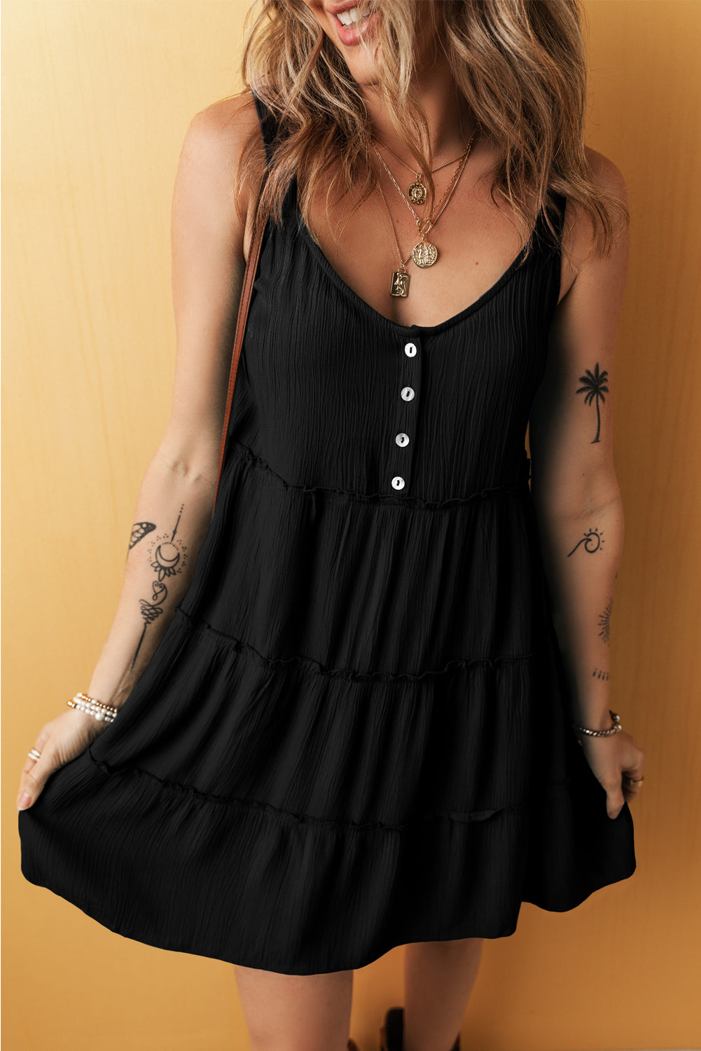 Black Button V-Neck Frilly Tiered Sleeveless Dress