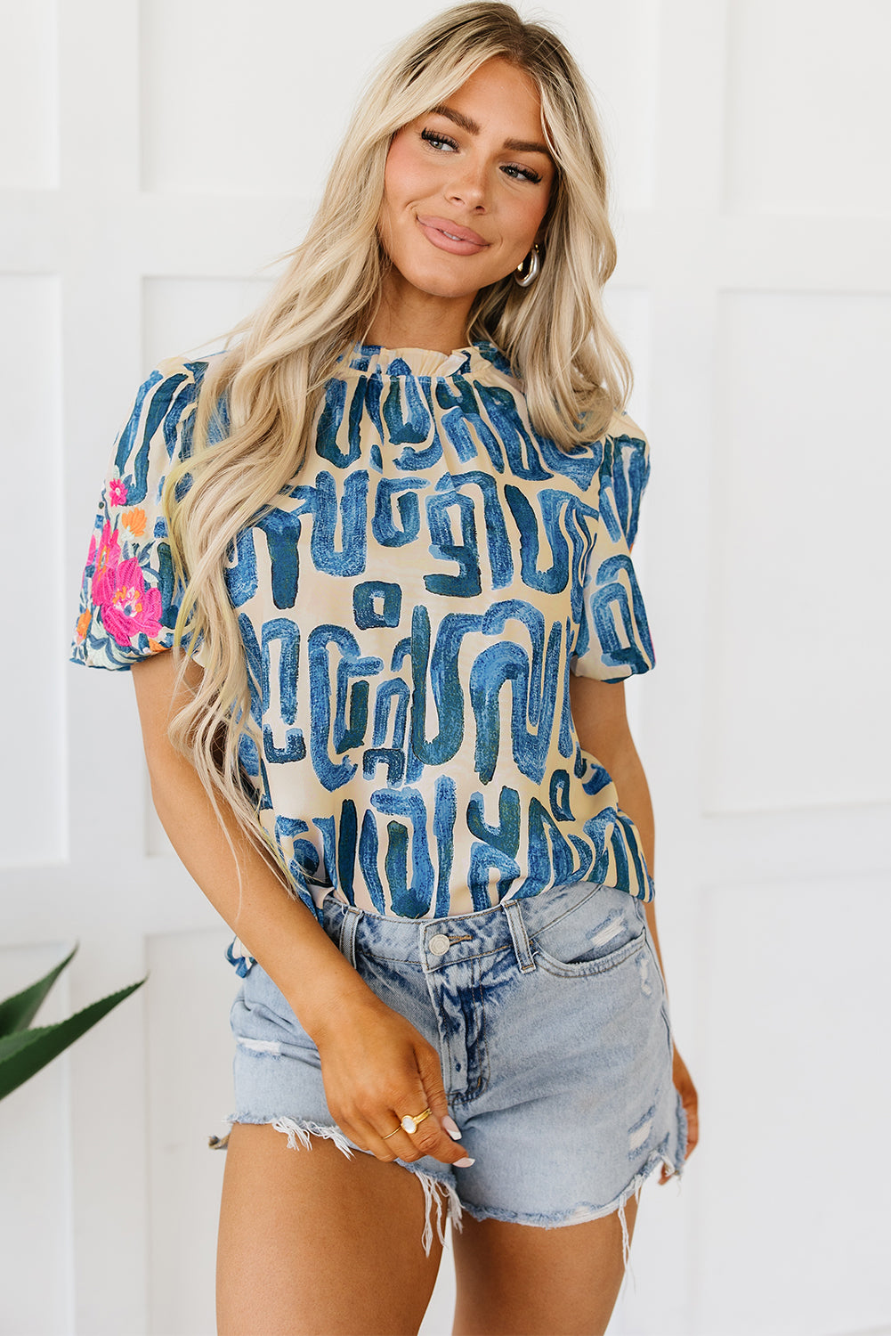 Abstract Embroidered Puff Sleeve Frilled Neck Printed Top
