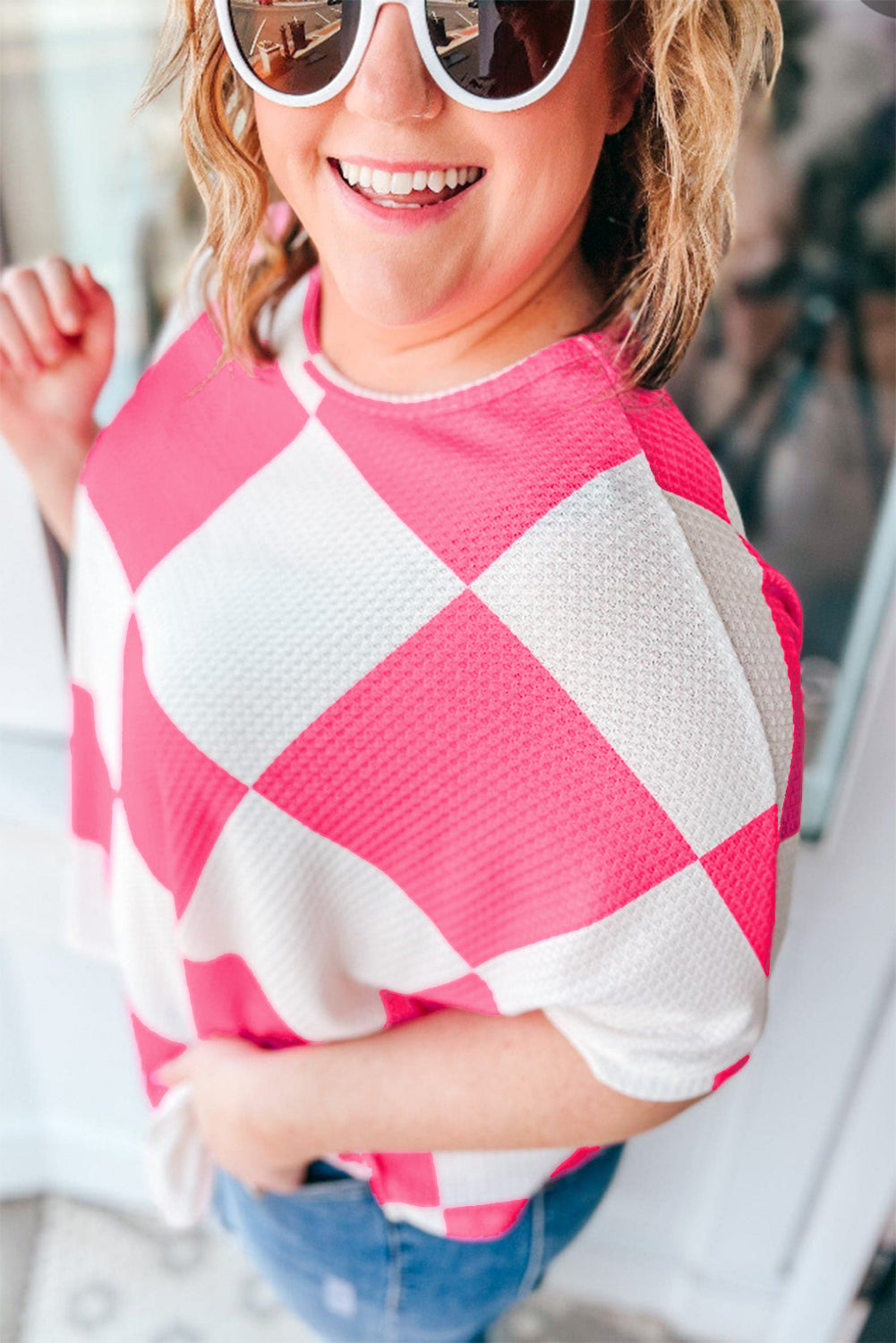 White Textured Checkerboard T Shirt in CURVY SIZE ONLY