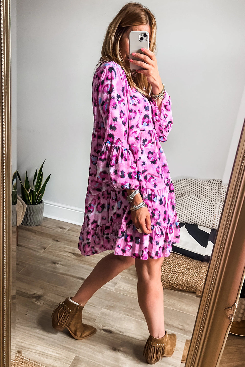 Rose Leopard Print Tiered Ruffled Hem Dress